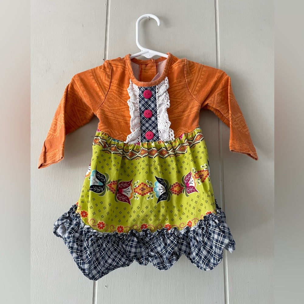 Ricrac & Ruffles Mixed Pattern Long Sleeve Cotton Dress 12 months